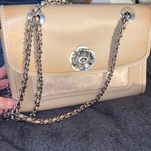 Coach Parker Tea Rose Turnlock Shoulder Bag Tan Leather Silver Chain